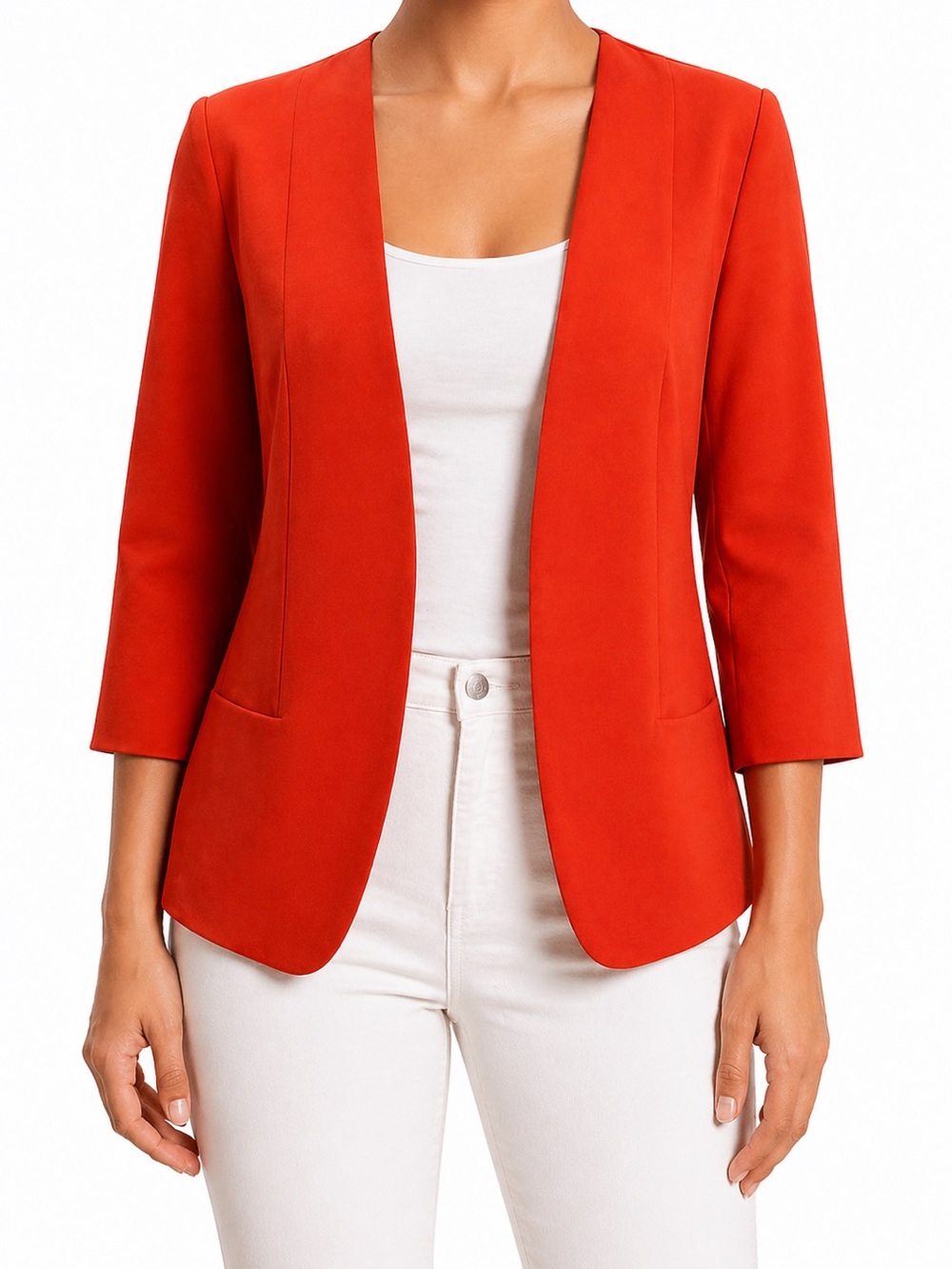 Harlowe & Graham Blazer Open Front Red Orange Size M 3/4 Sleeve Jacket Work